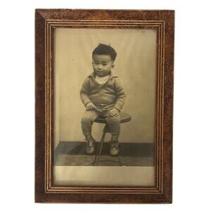 Vintage 1930s Framed Photo of a Young Boy Child Sitting on a Stool - Collectible
